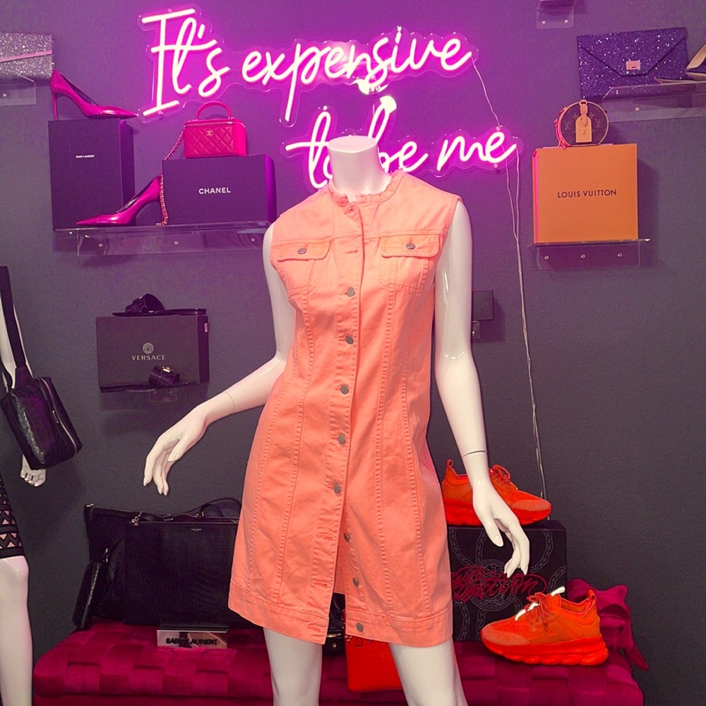 J Brand x Christopher Kane Neon Coral Denim Dress Utility Y2K Retro Grunge